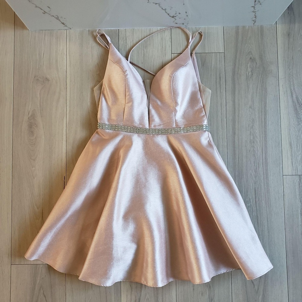 May Queen Dress Womens 12 Pink Satin Rhinestone Waist Fit Flare V Neck Mini Prom